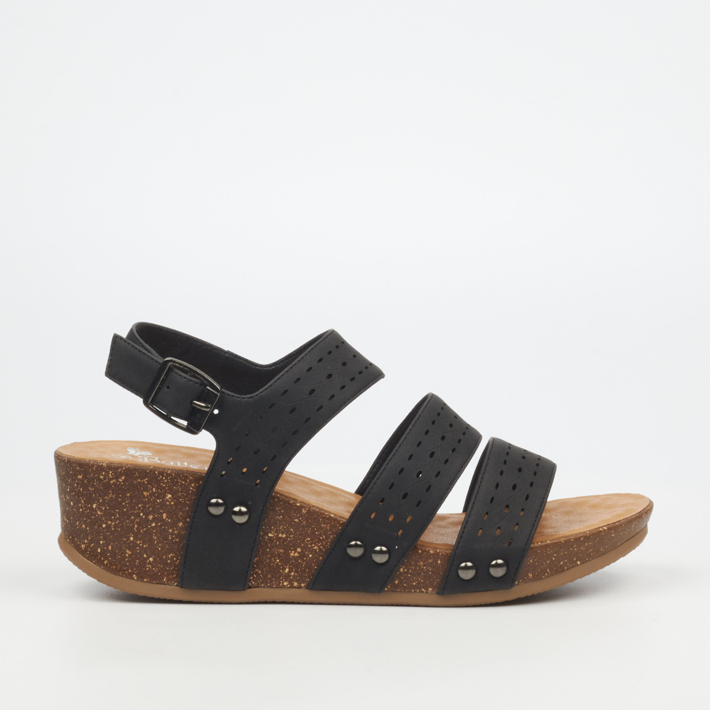 Butterfly Cheyan 2 Black Ladies Cork Wedge Sandal - Shoe World